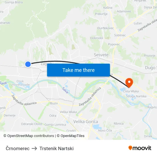 Črnomerec to Trstenik Nartski map