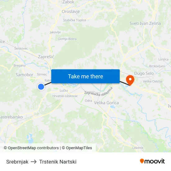 Srebrnjak to Trstenik Nartski map