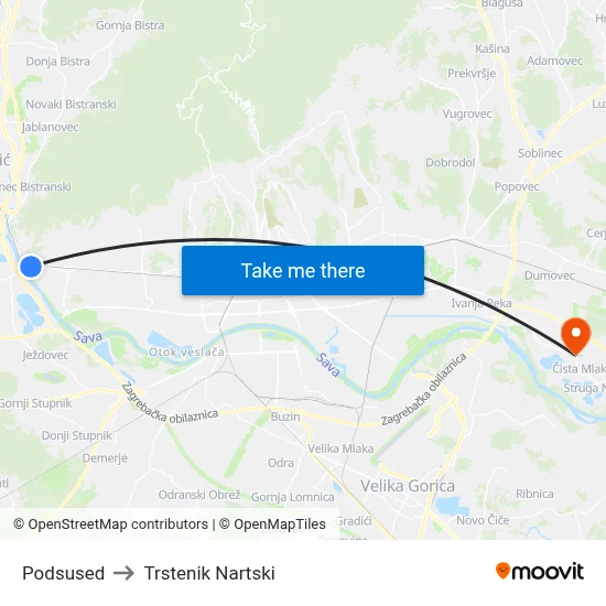 Podsused to Trstenik Nartski map
