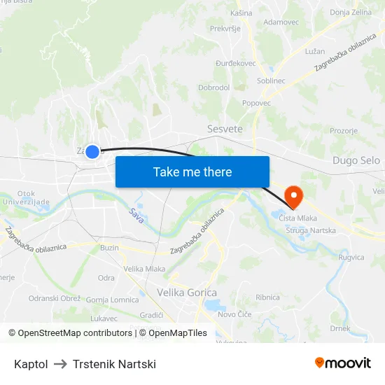 Kaptol to Trstenik Nartski map