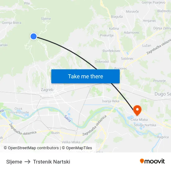 Sljeme to Trstenik Nartski map
