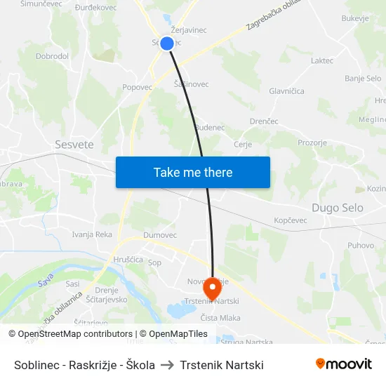 Soblinec - Raskrižje - Škola to Trstenik Nartski map