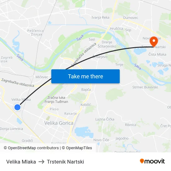 Velika Mlaka to Trstenik Nartski map