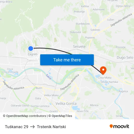 Tuškanac 29 to Trstenik Nartski map