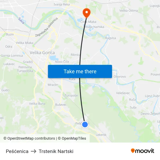 Pešćenica to Trstenik Nartski map