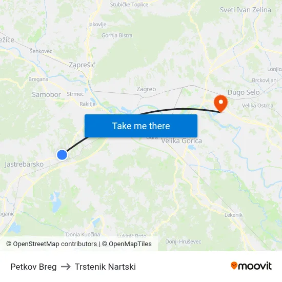 Petkov Breg to Trstenik Nartski map