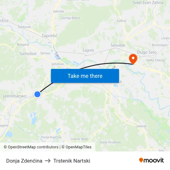 Donja Zdenčina to Trstenik Nartski map