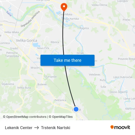 Lekenik Center to Trstenik Nartski map