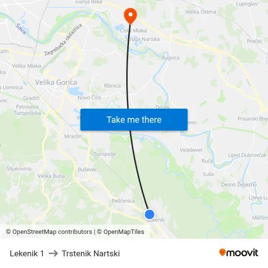 Lekenik 1 to Trstenik Nartski map