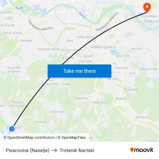 Pisarovina (Naselje) to Trstenik Nartski map