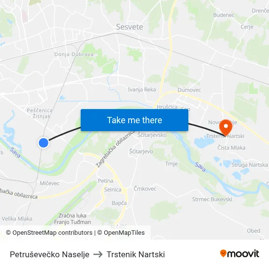 Petruševečko Naselje to Trstenik Nartski map