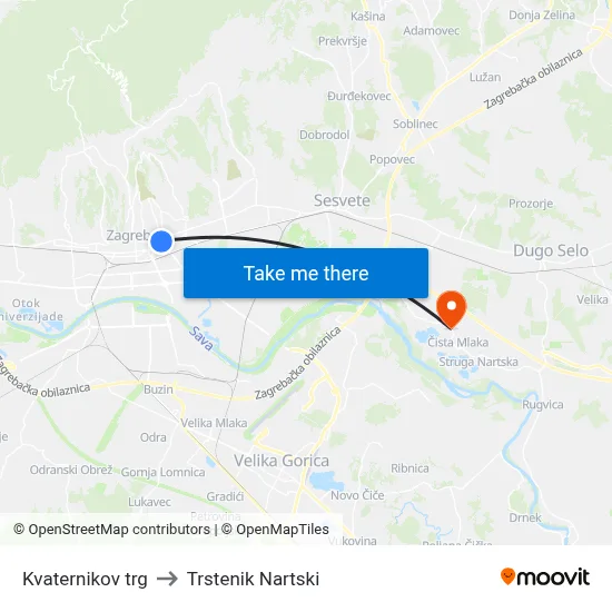 Kvaternikov trg to Trstenik Nartski map