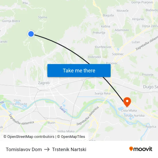 Tomislavov Dom to Trstenik Nartski map