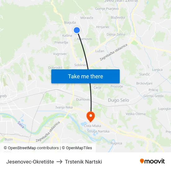 Jesenovec-Okretište to Trstenik Nartski map