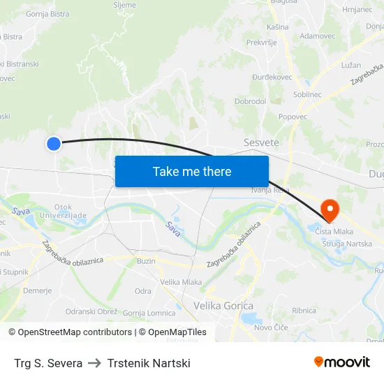 Trg S. Severa to Trstenik Nartski map