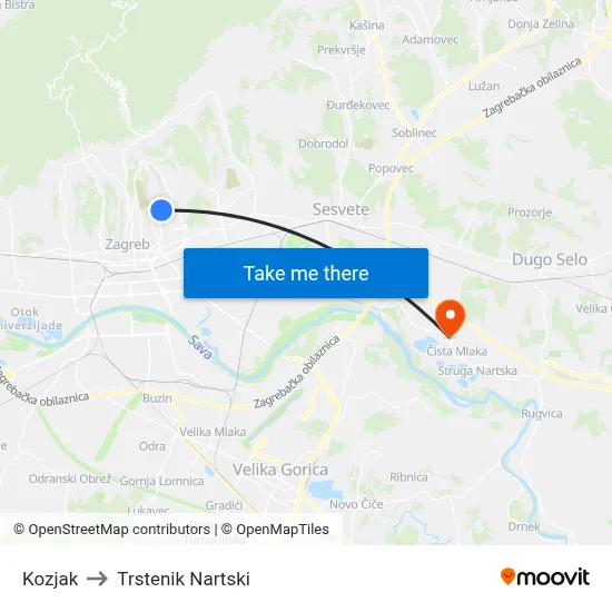Kozjak to Trstenik Nartski map