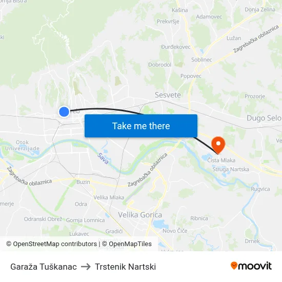 Garaža Tuškanac to Trstenik Nartski map