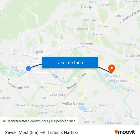 Savski Most (Ina) to Trstenik Nartski map