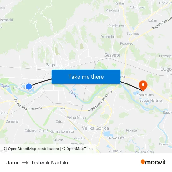 Jarun to Trstenik Nartski map