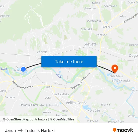 Jarun to Trstenik Nartski map