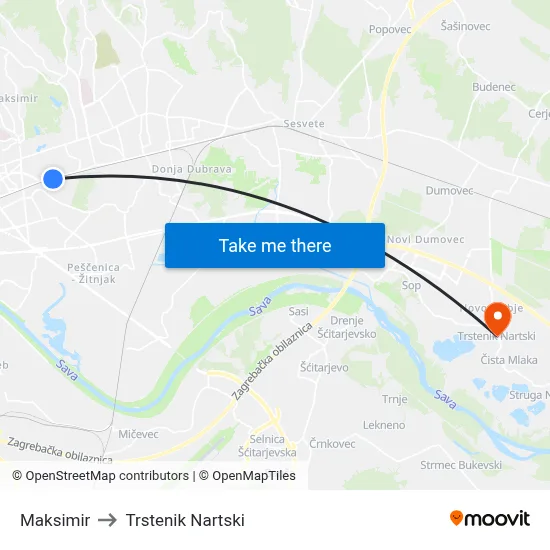Maksimir to Trstenik Nartski map