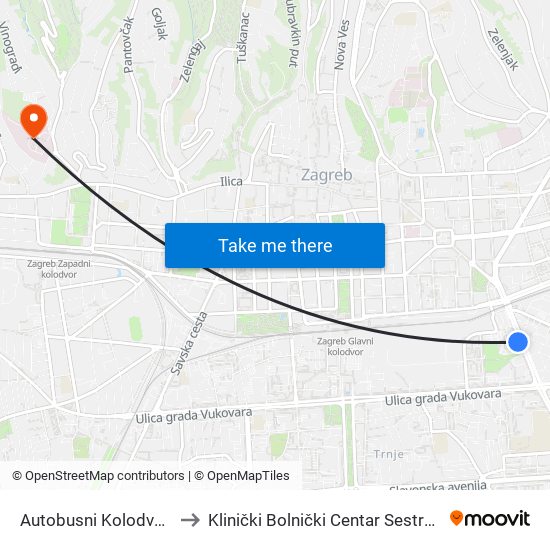 Autobusni Kolodvor Zagreb to Klinički Bolnički Centar Sestre Milosrdnice map