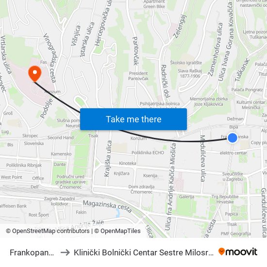 Frankopanska to Klinički Bolnički Centar Sestre Milosrdnice map