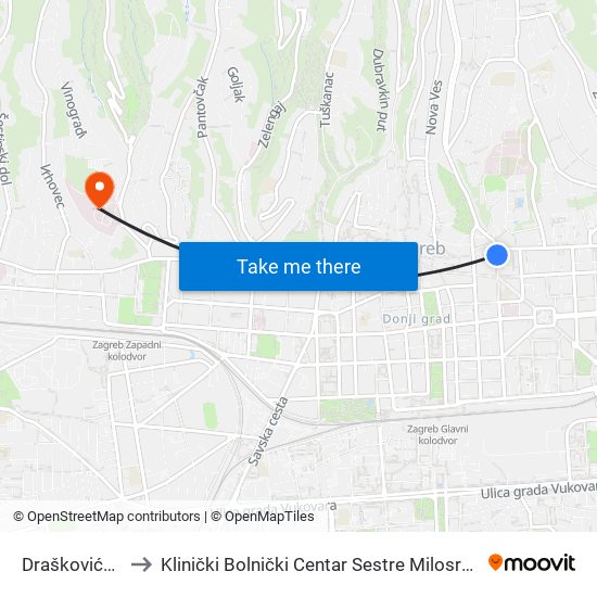 Draškovićeva to Klinički Bolnički Centar Sestre Milosrdnice map