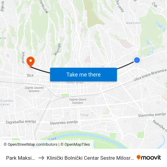 Park Maksimir to Klinički Bolnički Centar Sestre Milosrdnice map