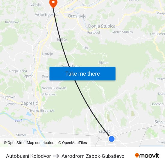 Autobusni Kolodvor to Aerodrom Zabok-Gubaševo map