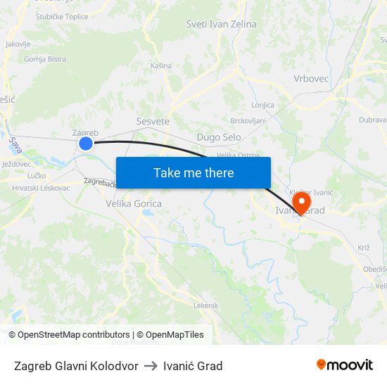 Zagreb Glavni Kolodvor to Ivanić Grad map