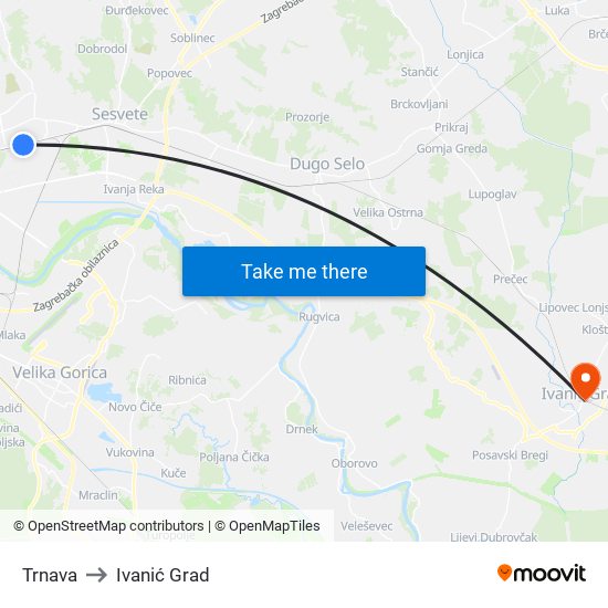 Trnava to Ivanić Grad map