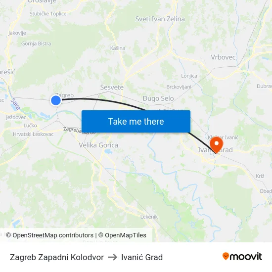 Zagreb Zapadni Kolodvor to Ivanić Grad map