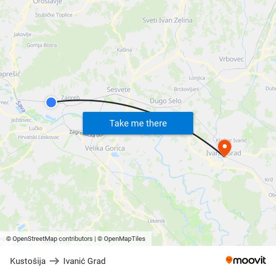 Kustošija to Ivanić Grad map