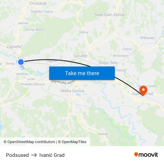 Podsused to Ivanić Grad map