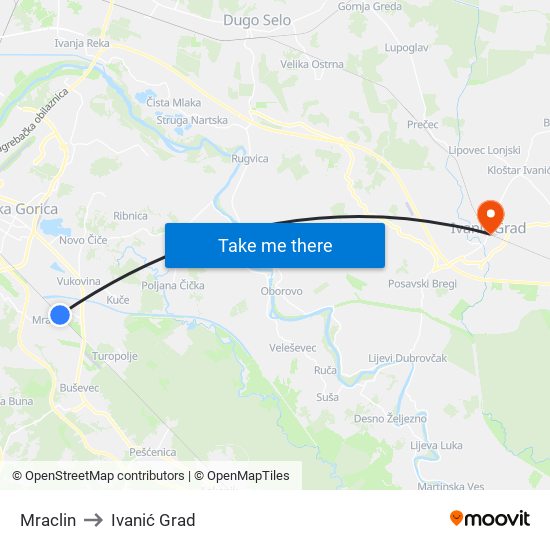 Mraclin to Ivanić Grad map