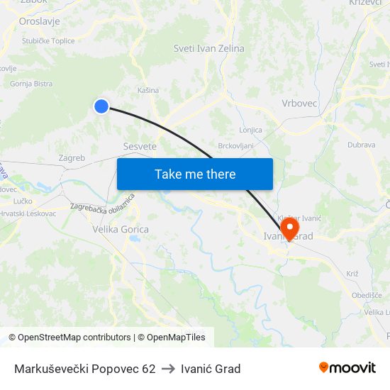 Markuševečki Popovec 62 to Ivanić Grad map