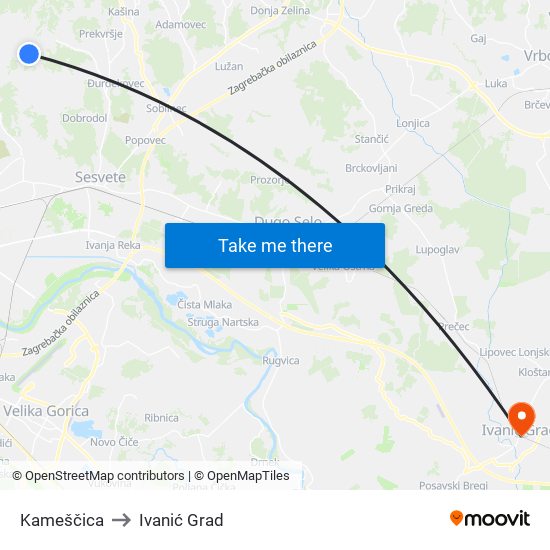 Kameščica to Ivanić Grad map