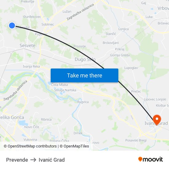 Prevende to Ivanić Grad map