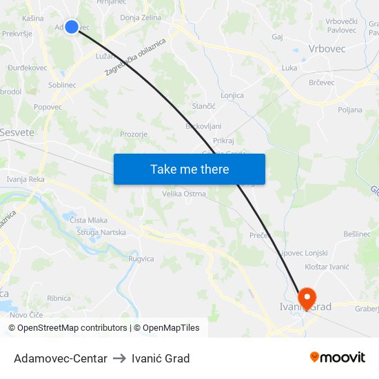 Adamovec-Centar to Ivanić Grad map