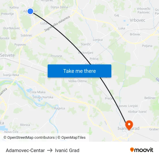 Adamovec-Centar to Ivanić Grad map