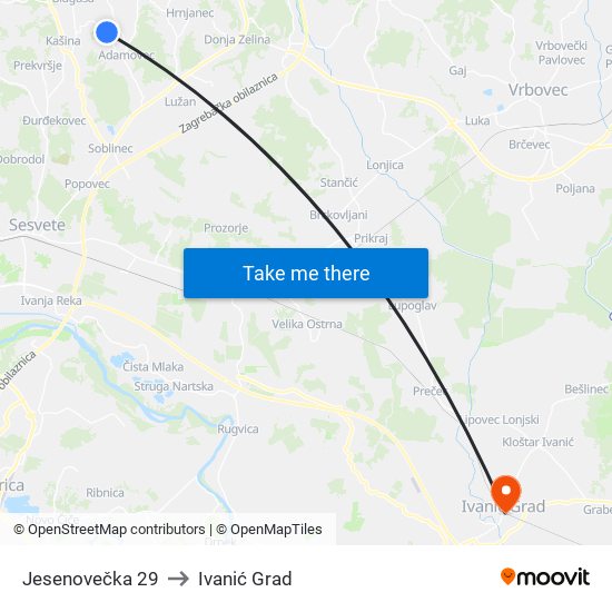 Jesenovečka 29 to Ivanić Grad map