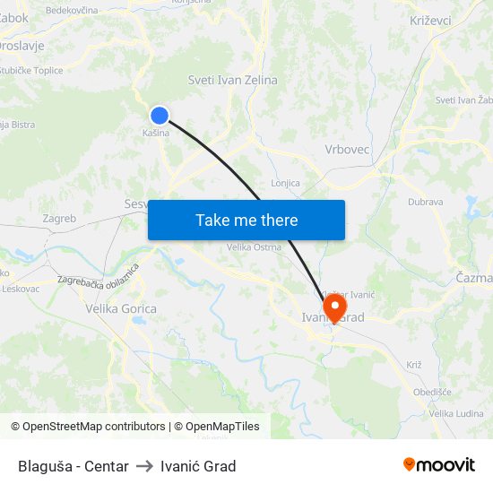 Blaguša - Centar to Ivanić Grad map
