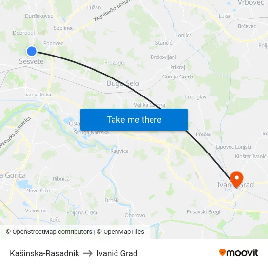 Kašinska-Rasadnik to Ivanić Grad map