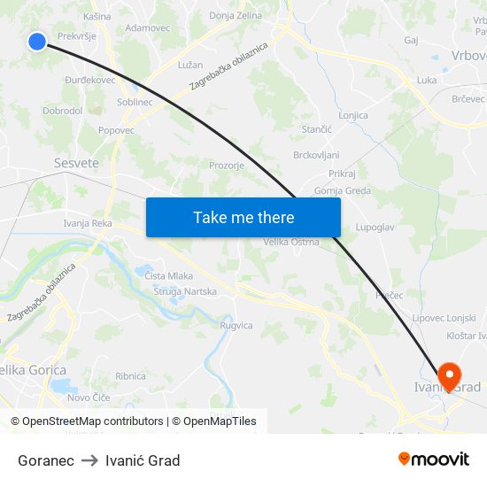 Goranec to Ivanić Grad map