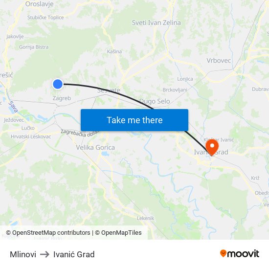 Mlinovi to Ivanić Grad map