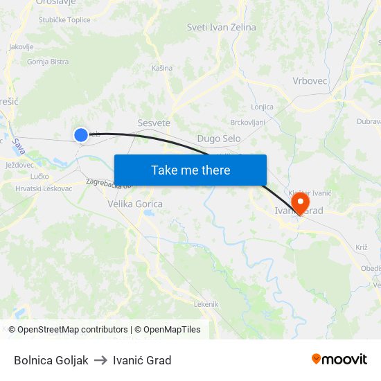 Bolnica Goljak to Ivanić Grad map