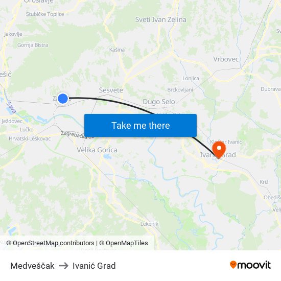 Medveščak to Ivanić Grad map