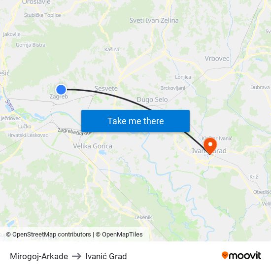 Mirogoj-Arkade to Ivanić Grad map