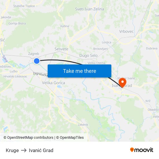 Kruge to Ivanić Grad map